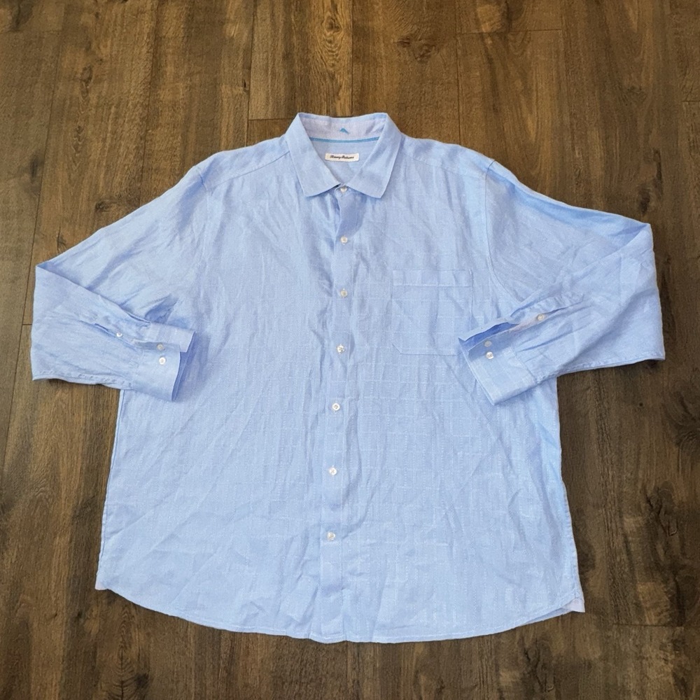 Tommy Bahama Shirt Mens XXL/TTG Blue 100% Linen Long Sleeve Button Up Textured